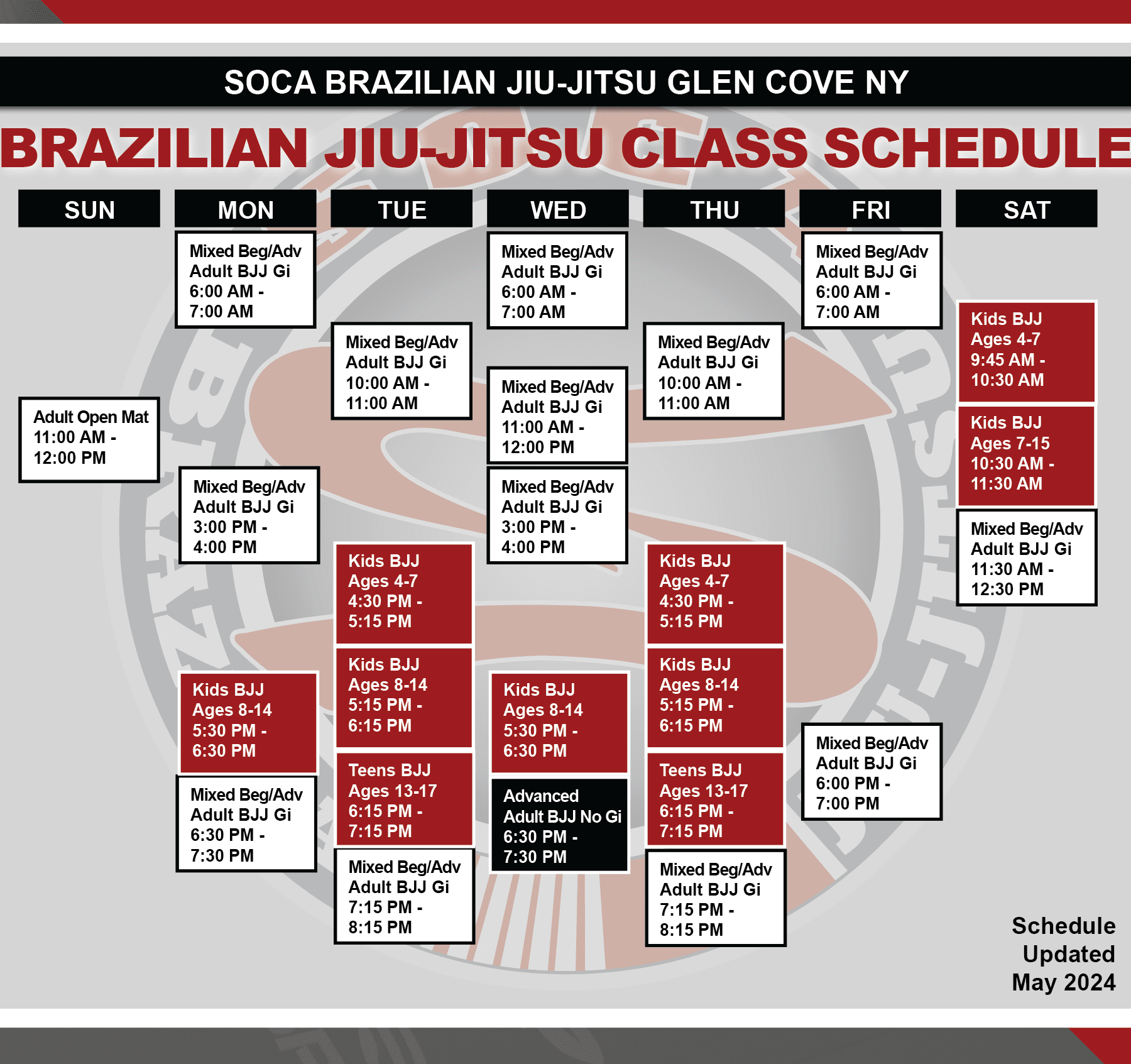 Soca Brazilian Jiu Jitsu Glen Cove Schedule - updated May 2024